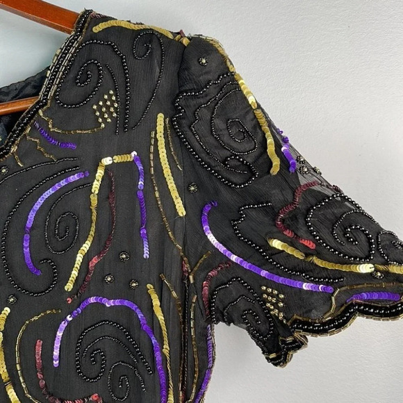 VINTAGE Glamour Silk Sequinned Beaded Dress Black Cocktail Shoulder Pads Size S - Picture 6 of 12